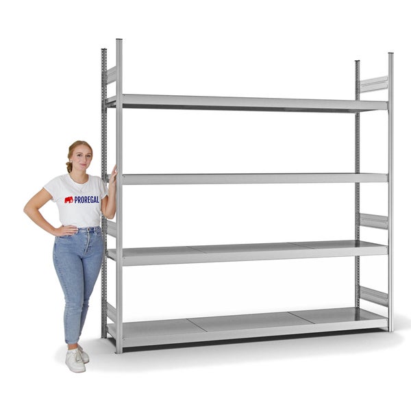 PROREGAL Weitspannregal Stecksystem T-Profil Grundregal HxBxT 250x250x50 cm 4 Ebenen Stahlplatten Fachboden Fachlast 350 kg Verzinkt