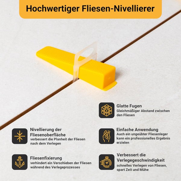 Proxinova Fliesen-Nivelliersystem 2mm, 400-Teile-Kit: 300 Fliesenausgleichsclips, 100 Keile | Fliesennivellierzange, Gummihammer, Arbeitshandschuhe