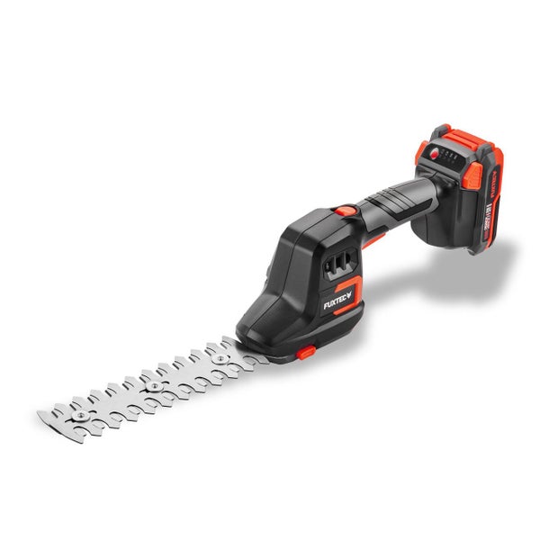 Akku-Gras- und Strauchschere von FUXTEC mit Metallmesser und ergonomischem Griff.