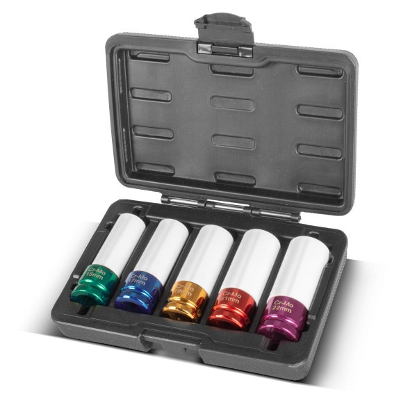 Farbig markierter Schlagschrauber-Steckschlüsselsatz aus Chrom-Molybdän, 5-teilig, Größen 15 bis 22 Millimeter, im Kunststoffkoffer.