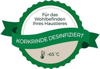 Siegel für desinfizierte Korkrinde bei über 65 Grad Celsius für das Wohlbefinden von Haustieren.