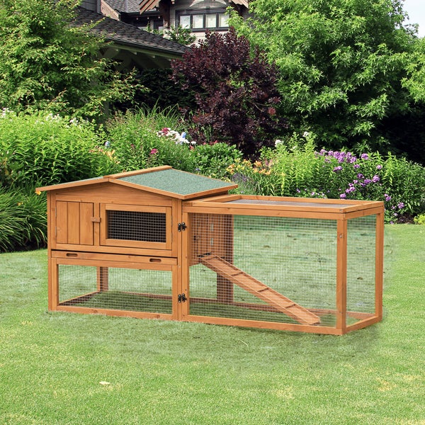 PawHut Hasenstall Kaninchenstall mit Freilaufgehege Bodenwanne, Rampe, Kleintierstall aus Holz Meerschweinchen Gehege mit 2 Etagen, Sichtfenster, für Zwergkaninchen 156x58x68 cm, Orange