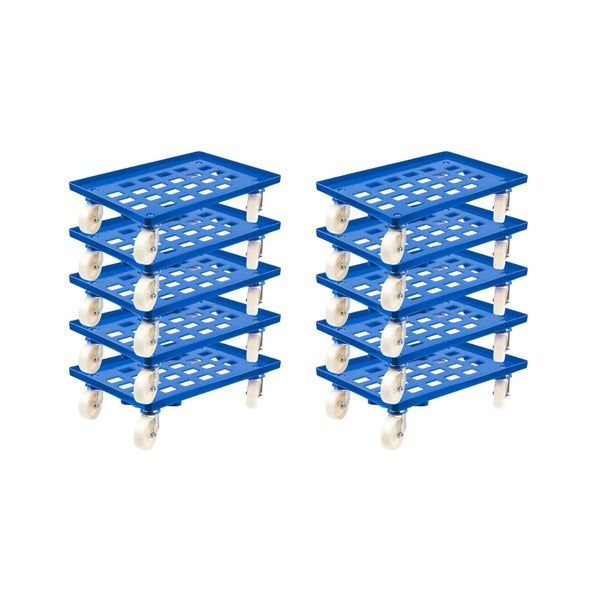 PROREGAL SparSet 10x Transportroller für Euroboxen 60 x 40 cm mit Kunststoffräder Blau Gitter/Rasterdeck 2 Lenkrollen und 2 Bremsrollen 300 kg