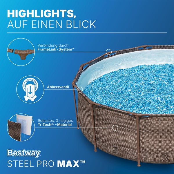 Bestway Logo. Steel Pro MAX Aufstellpool in Rattan-Optik mit Details zum FrameLink-System, Ablassventil und dreilagigem TriTech Material.
