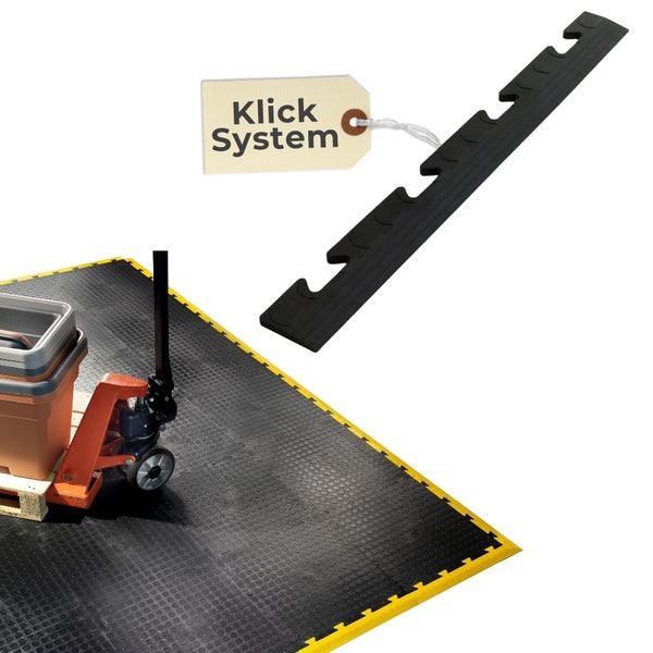 Industriebodenmatte mit Klick-System, strukturierte Oberfläche, schwarzes Randstück und Anwendungsbeispiel mit Hubwagen.