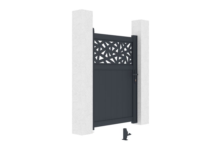 Einflügeliges Gartentor aus Aluminium in Anthrazit mit dekorativem, lasergeschnittenem Muster im oberen Bereich und blickdichtem Paneel unten.