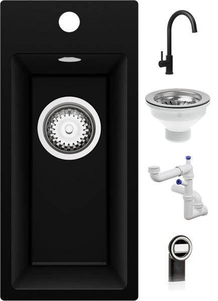 Schwarzes Einbauspülenset bestehend aus rechteckiger Verbundwerkstoff-Spüle, Armatur mit hohem Auslauf, Siebkörbchen, Siphon und Überlauf.