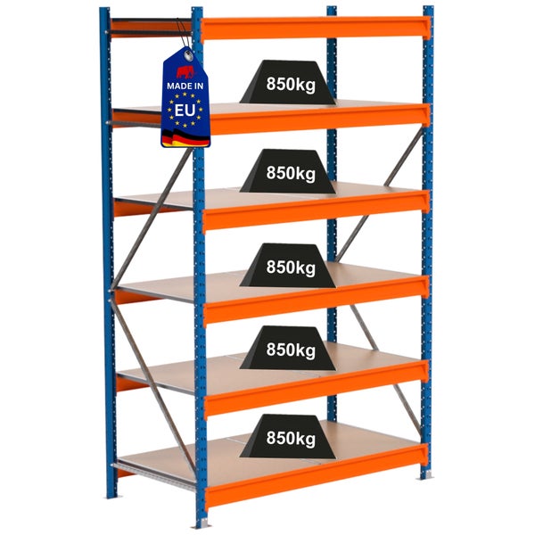 Regal mit fünf Ebenen und einer Traglast von 850 Kilogramm pro Ebene, Hergestellt in der EU Siegel