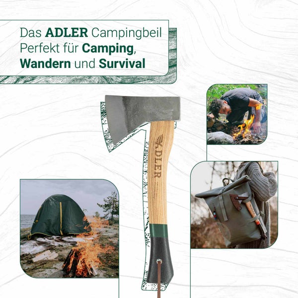 ADLER Campingbeil mit Holzstiel, geeignet für Camping, Wandern und Survival, dargestellt in verschiedenen Anwendungsszenarien im Freien.