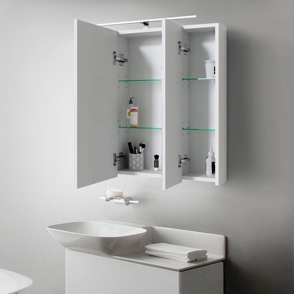 ML-Design Spiegelschrank Bad 3-Türig mit LED Beleuchtung, Steckdose, Lichtschalter und 6 höhenverstellbaren Glaseinlegeböden, 72,4x72x15 cm, Weiß, Badschrank Badezimmerschrank Badspiegel Wandspiegel