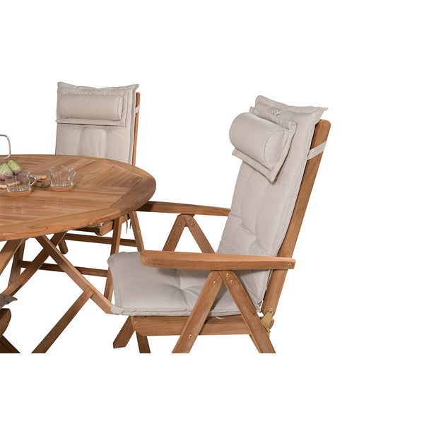 Gartenmöbel-Set aus Holz mit rundem Tisch und Hochlehner-Gartenstühlen inklusive Polsterauflagen mit Kopfstütze.