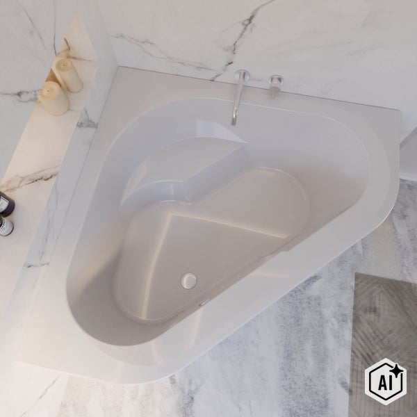 Eckbadewanne in modernem Badezimmer mit Marmoroptik Wandverkleidung und integrierter Armatur von oben betrachtet.