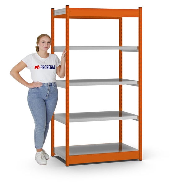 PROREGAL Fachbodenregal Stecksystem Vierkant-Profil Grundregal HxBxT 200 x 102,5 x 50 cm 5 Ebenen Einseitige Bauart Fachlast 200 kg Orange