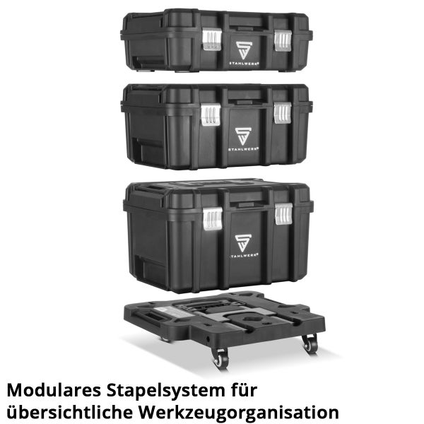 Stahlwerk Logo. Modulares Werkzeugbox Stapelsystem mit drei Boxen und einer Rollplatte