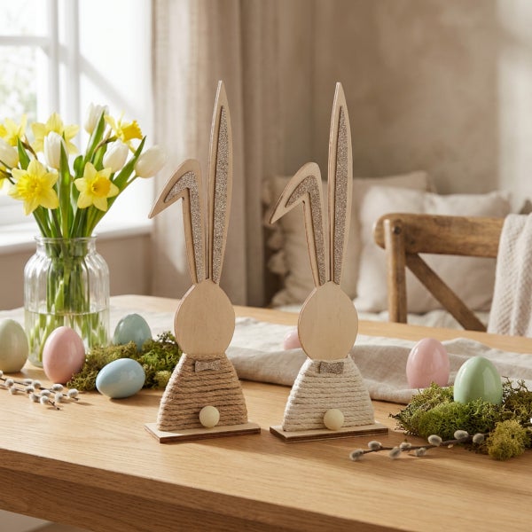 Zwei dekorative Osterhasen aus Holz mit Juteschnur und Glitzer-Details auf einem Holztisch mit Frühlingsdekoration
