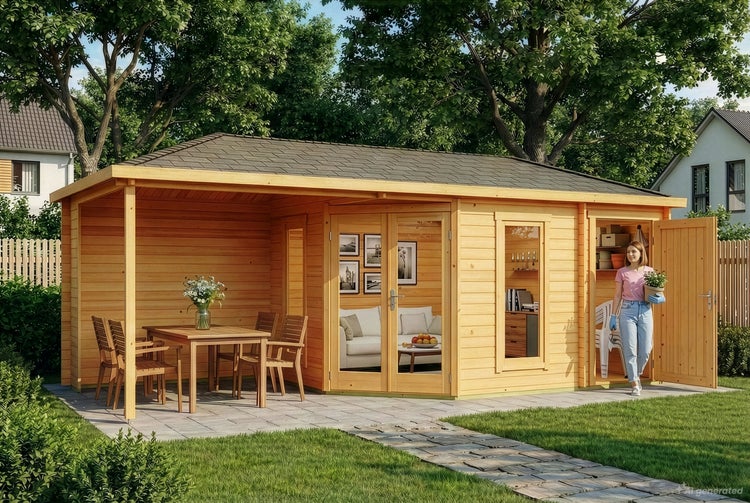Modernes Holzgartenhaus mit überdachter Terrasse, Glasfront und integriertem Abstellraum in einem gepflegten Garten.