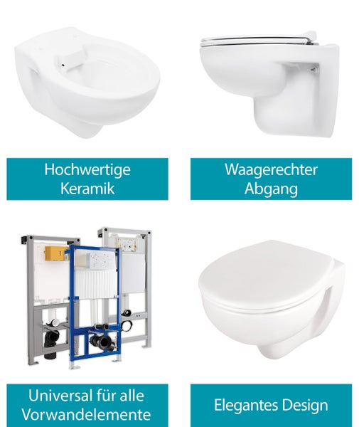 Calmwaters® Spülrandloses Wand WC im Set mit WC Sitz & Schallschutz, antibakterieller Toilettendeckel mit doppelter Absenkautomatik & abnehmbar, WC ohne Spülrand, mit Schallschutzmatte, 99000258
