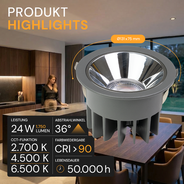 LED-Einbaustrahler, 24 Watt, 1750 Lumen, 36 Grad Abstrahlwinkel, Farbtemperatur 2700 bis 6500 Kelvin, Farbwiedergabe über 90, 50000 Stunden.