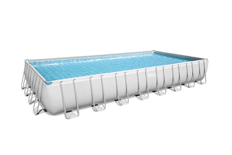 Rechteckiger Bestway Power Steel Frame Pool mit grauem Stahlrahmen und PVC-Folie.