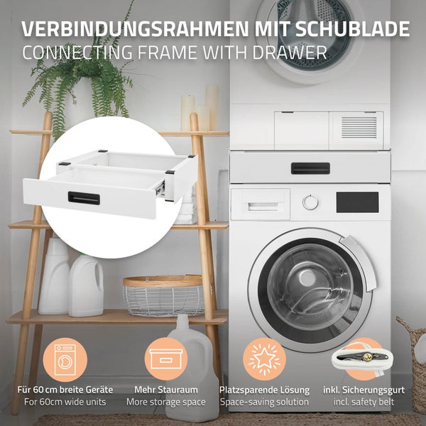 ML-Design Verbindungsrahmen für Waschmaschine und Trockner mit ausziehbarer Schublade, Stahl, 60x55cm, Weiß, rutschfest, Zwischenbausatz Universal Zwischenrahmen Zwischenbaurahmen Trocknersäule