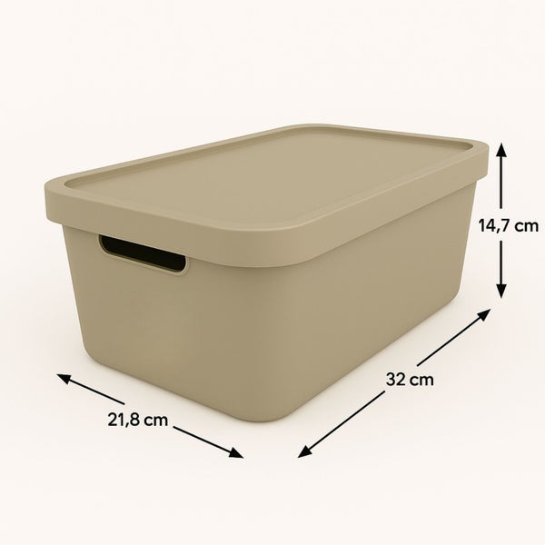 Aufbewahrungsbox mit Deckel und den Maßen 21,8 cm mal 32 cm mal 14,7 cm.