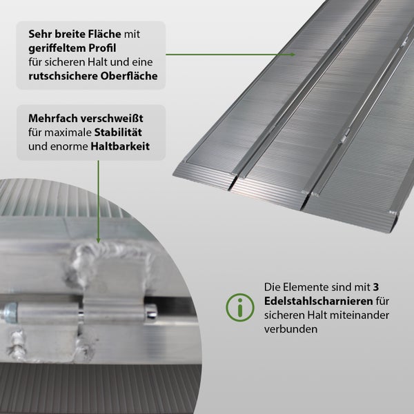 Detailansicht einer Rollstuhlrampe mit breiter, geriffelter Oberfläche und Edelstahlscharnieren für sicheren Halt.
