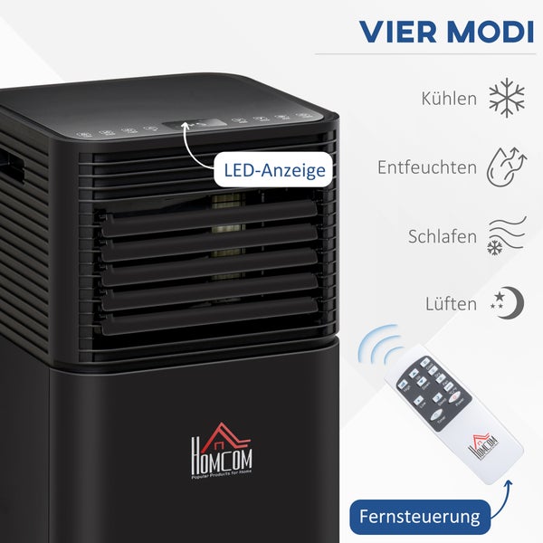 HOMCOM Mobile Klimaanlage, 8000BTU 4-in-1 Klimagerät mit Fernbedienung, 24h Timer, 2 Geschwindigkeitsstufen für 10-15㎡ LED-Display, 30,5L x 32,5B x 67,8H cm, ABS, Schwarz