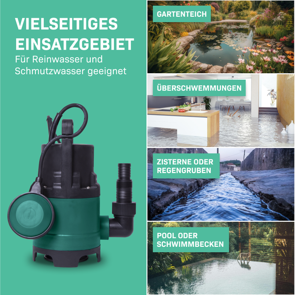 Schmutzwasser- und Klarwassertauchpumpe mit Anwendungsbeispielen für Gartenteiche, Überschwemmungen, Zisternen und Pools.