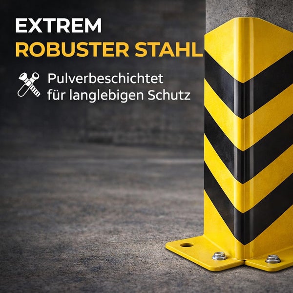 Eckschutz aus gelb-schwarz gestreiftem robustem Stahl, pulverbeschichtet für langlebigen Schutz, zur Bodenmontage.