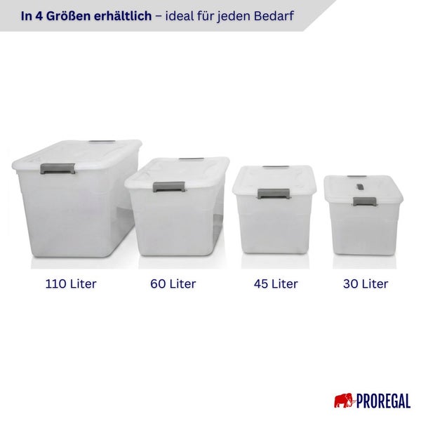 Vier transparente Kunststoff-Aufbewahrungsboxen mit Deckeln in den Größen 110 Liter, 60 Liter, 45 Liter und 30 Liter. Proregal Logo.