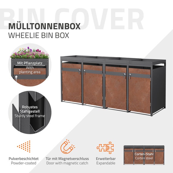 Mülltonnenbox für vier Tonnen aus Corten-Stahl mit Pflanzdach, pulverbeschichtetem Stahlgestell und Magnetverschluss.