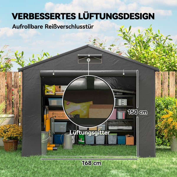 Multifunktionaler Geräteschuppen in vier Anwendungen: Fahrradschuppen, Geräteschuppen, Hauswirtschaftsraum und Brennholzlagerhaus.