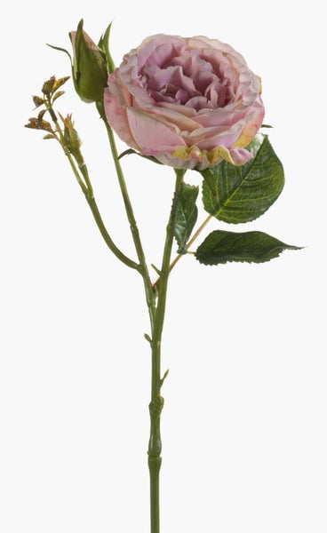 Künstliche rosa Rose mit einer Blüte und einer Knospe an einem grünen Stiel.
