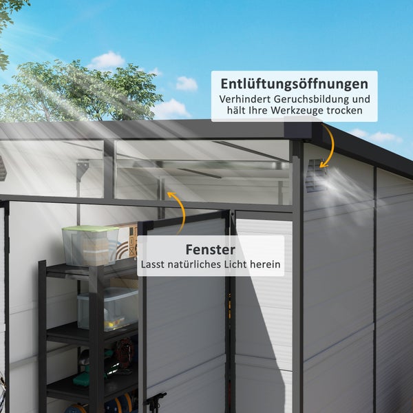 Outsunny Gerätehaus Kunststoff 3,24m³ 190x191x215cm Geräteschuppen mit Pultdach, Abschließbarer Tür, wetterfest Gartenhaus, Outdoor Garten Schuppen Schrank für Hinterhof, Außenbereich, Hellgrau
