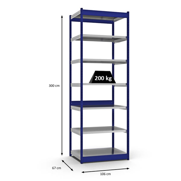 PROREGAL Fachbodenregal Stecksystem Vierkant-Profil Grundregal HxBxT 300 x 102,5 x 60 cm 7 Ebenen Einseitige Bauart Fachlast 200 kg Enzianblau