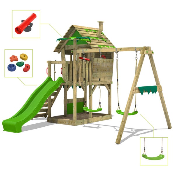 FATMOOSE Spielturm Klettergerüst JungleJumbo mit Schaukel und Rutsche, Kletterturm mit Sandkasten, Leiter und Spiel-Zubehör - grün