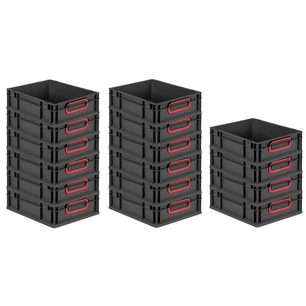 PROREGAL SuperSparSet 16x Eurobox NextGen Color, HxBxT 12x30x40cm, 11 Liter, Griffe rot geschlossen, Schwarz, Eurobehälter, Transportbox, Transportbehälter, Stapelbehälter