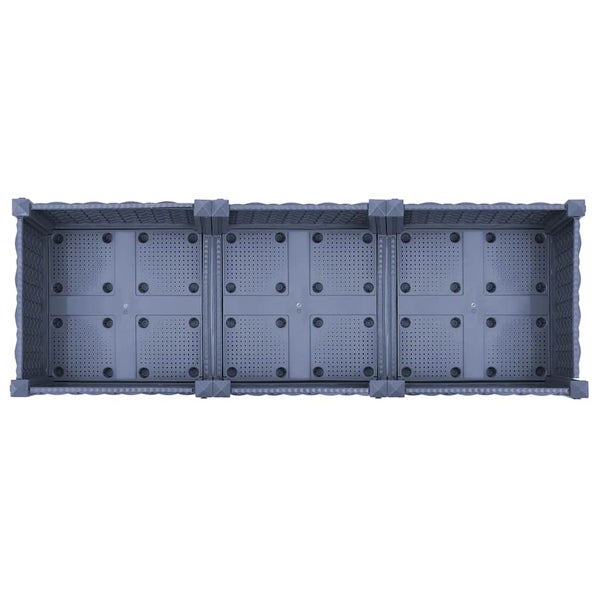 Draufsicht auf ein graues, rechteckiges modulares Hochbeet aus Kunststoff mit strukturierter Oberfläche und Entwässerungssystem.