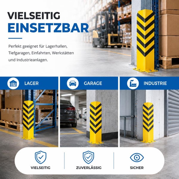 Eckschutzprofil für Säulen und Regale in Lager, Garage und Industrie. Symbole für vielseitige, zuverlässige und sichere Anwendung.