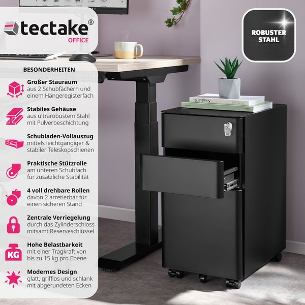 Aktenrollschrank tectake Parvus 30 x 50 x 59,5 cm aus pulverbeschichtetem Stahl schwarz