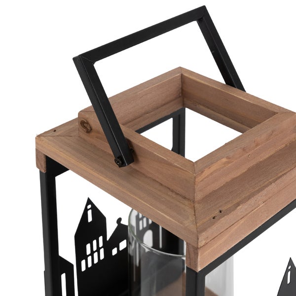 Laterne aus Holz und schwarzem Metall mit Häusersilhouette und Glaseinsatz