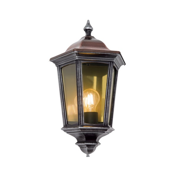 Außenwandleuchte im Laternen-Design aus Metall mit bernsteinfarbenem Glas und brennender Glühbirne.