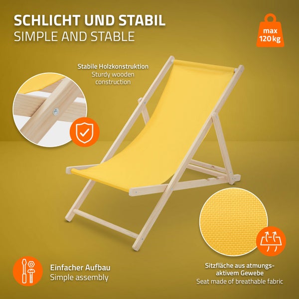 Holzliegestuhl mit gelber Textilbespannung, Belastbarkeit bis 120 Kilogramm, einfache Montage und atmungsaktive Sitzfläche.