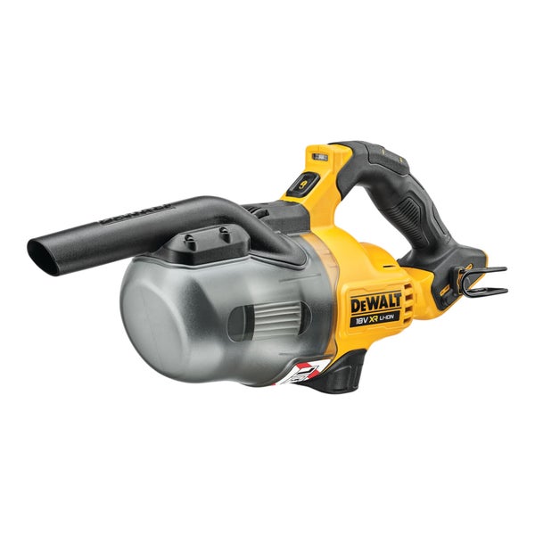 DeWalt 18 Volt XR Lithium-Ionen Akku-Handsauger mit transparentem Staubbehälter.