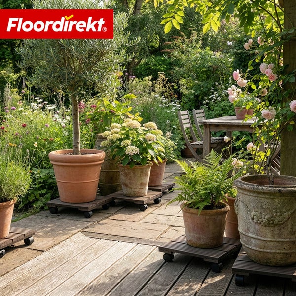 Gartenambiente mit Pflanzen in Töpfen auf Rollbrettern, Tisch und Stühlen