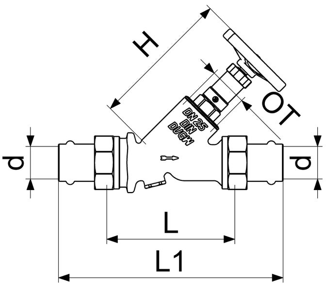 Technische Zeichnung eines Schrägsitzventils der Nenngröße 25 mit Maßangaben für Länge, Höhe und Durchmesser sowie Zertifizierungen für Qualität.
