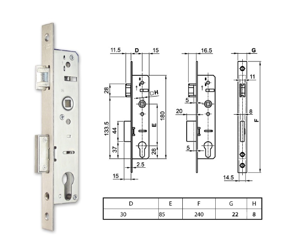 Abbildung eines Einsteckschlosses mit schematischer Darstellung der Abmessungen