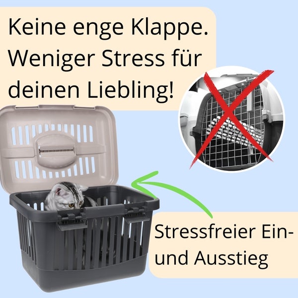 Haustiertransportbox mit Katze, die für einen stressfreien Transport konzipiert ist
