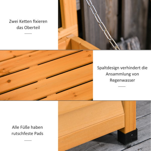 Details einer Gartenschaukel: Ketten zur Befestigung, Lamellendesign zur Vermeidung von Staunässe und rutschfeste Pads an den Füßen.