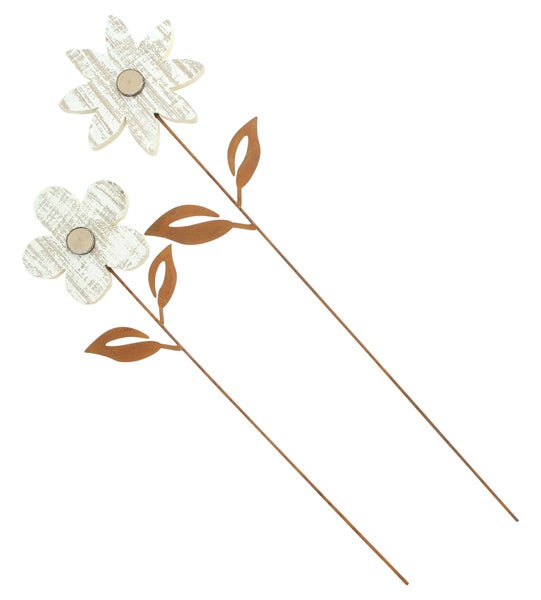 FRANK FLECHTWAREN | Gartenstecker Blume, 2er Set, METALL, HOLZ, 15 x 57 cm, 16 x 69 cm